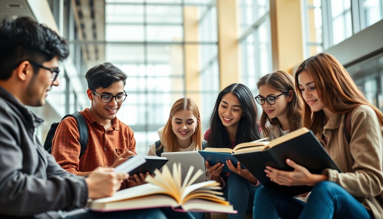 Students cooperating in a study area